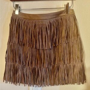 Mi Ami Brown Faux Suede FESTIVAL Fringe Mini Skirt w Studs STUDDED Western S